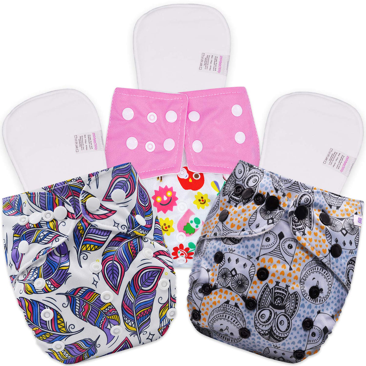 Reusable Baby Cloth Diaper with Adjustable Snap Buttons and Inserts (Set of 3)