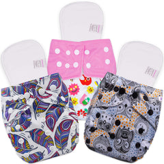 Reusable Baby Cloth Diaper with Adjustable Snap Buttons and Inserts (Set of 3)