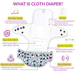 Reusable Baby Cloth Diaper with Adjustable Snap Buttons and Inserts (Set of 4)
