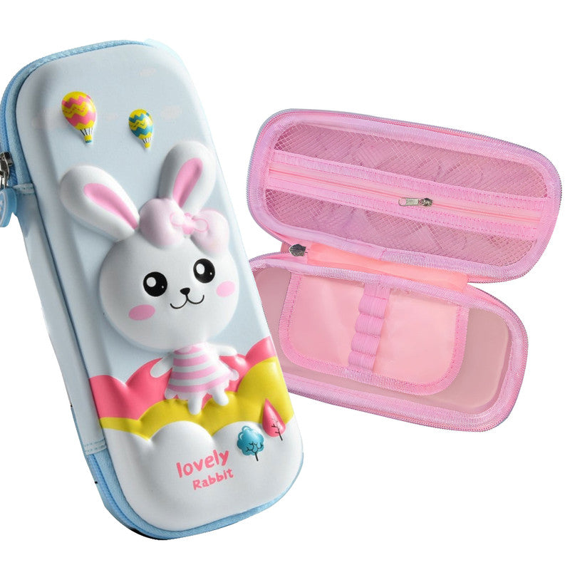 School Supplies 3D Cartoon Design Pencil Box for School Kids (Lovely Rabbit Sky Blue)