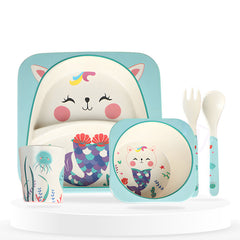 Baby Feeding Essential Baby Dinner Set Infant Training Eating Utensils (Blue Fishtail Cat 5Pcs)