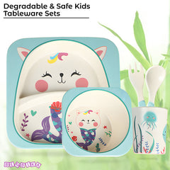 Baby Feeding Essential Baby Dinner Set Infant Training Eating Utensils (Blue Fishtail Cat 5Pcs)