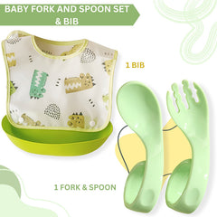 Baby Feeding Adjustable Bibs With BPA Free Baby Feeding Spoon (Curved Green)