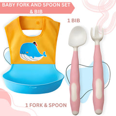 Baby Feeding Adjustable Bibs With BPA Free Baby Feeding Spoon (Yellow Doodle)