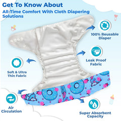 Reusable Baby Cloth Diaper with Adjustable Snap Buttons and Insert (Set of 1)