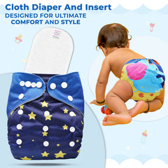 Reusable Baby Cloth Diaper with Adjustable Snap Buttons and Insert (Set of 1)