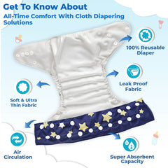 Reusable Baby Cloth Diaper with Adjustable Snap Buttons and Insert (Set of 1)