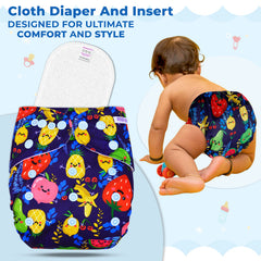 Reusable Baby Cloth Diaper with Adjustable Snap Buttons and Insert (Set of 1)