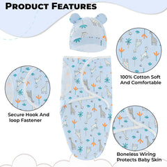 Organic Cotton Hooded Muslin Swaddle Wrap for Baby (Blue Giraffe)