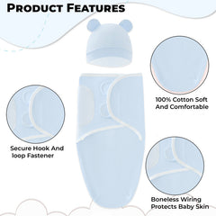 Organic Cotton Hooded Muslin Swaddle Wrap for Baby (Blue Plain)