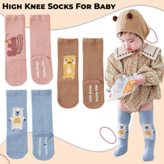 Baby Knee High Socks for Baby Soft Cotton Non-Slip and Stylish Designs (Set of 3)