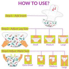 Reusable Baby Cloth Diaper with Adjustable Snap Buttons and Insert (1 Diaper & 2 Pcs Insert)