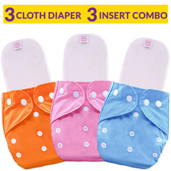Reusable Baby Cloth Diaper with Adjustable Snap Buttons and Inserts (Set of 3)