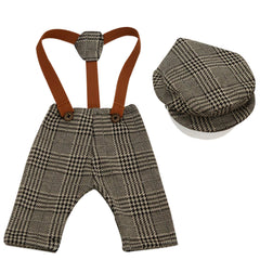 Baby's Checks Suspenders Pants Hat Gentleman Photoshoot Props (Brown)