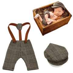 Baby's Checks Suspenders Pants Hat Gentleman Photoshoot Props (Brown)