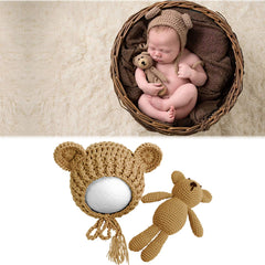 Lovely Chunky Crochet Bonnet and Bear Photography Photoshoot Props (Brown)