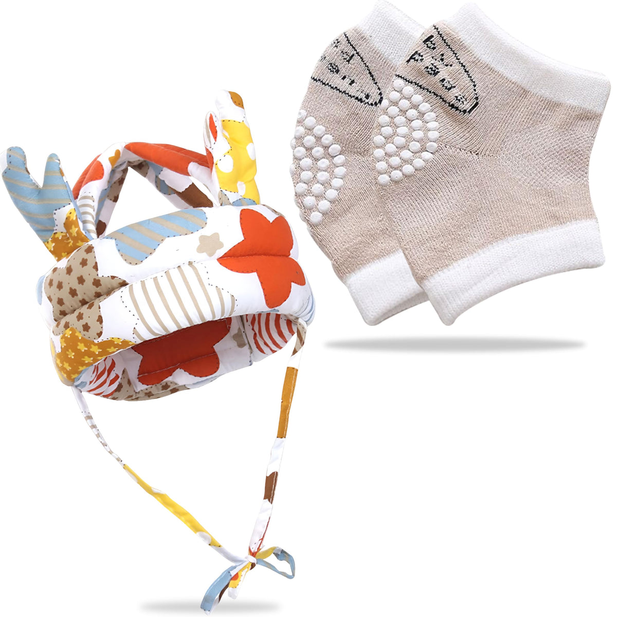 Baby Head Protector helmet and Baby Knee Pads for Crawling (Beige)