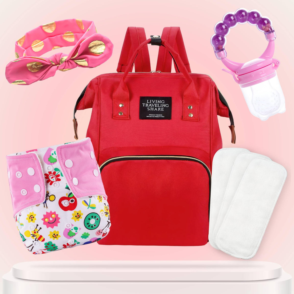 Baby Care Accessories Cloth Diaper, Inserts, Diaper Bag, Headbands, Nibbler (Set of 5)