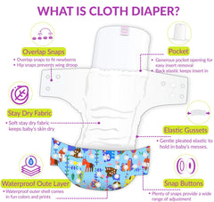 Reusable Baby Cloth Diaper with Adjustable Snap Buttons and Insert (Set of 1)
