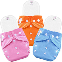 Reusable Baby Cloth Diaper with Adjustable Snap Buttons and Inserts (Set of 3)