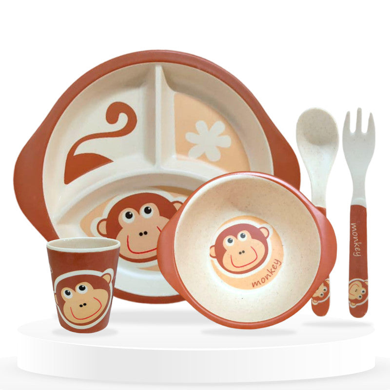 Baby Feeding Essential Baby Dinner Set Infant Training Eating Utensils (Brown Monkey 5 Pcs)