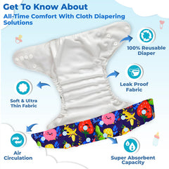 Reusable Baby Cloth Diaper with Adjustable Snap Buttons and Insert (Set of 1)