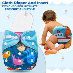 Reusable Baby Cloth Diaper with Adjustable Snap Buttons and Insert (Set of 1)