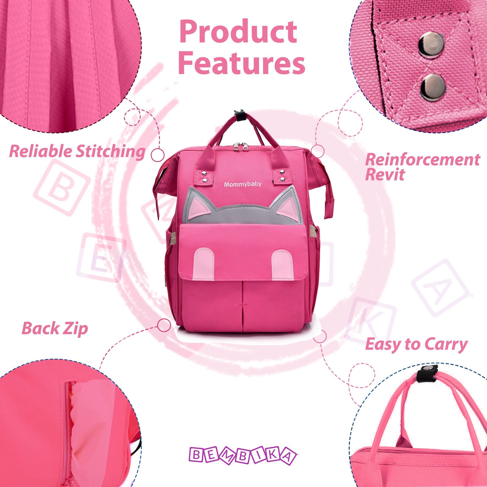 Bembika Diaper Bags for Mom and Dad, Diaper Bags for mom and Baby, Mummy Bag  for Multi-Function Waterproof and Large Capacity (Kitten Rose Red) -  Bembika - Baby Essentials , Diaper &